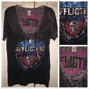 Affliction womens biker shirt metallic crossbones